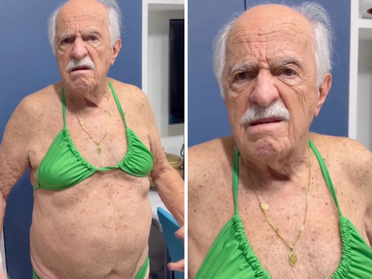 Ary Fontoura, aos 93 anos, experimenta biquíni após malhar