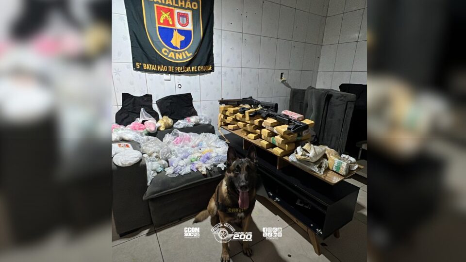 Cão farejador ICE auxilia na apreensão de mais de 47 kg de drogas e arma na Comunidade São Remo