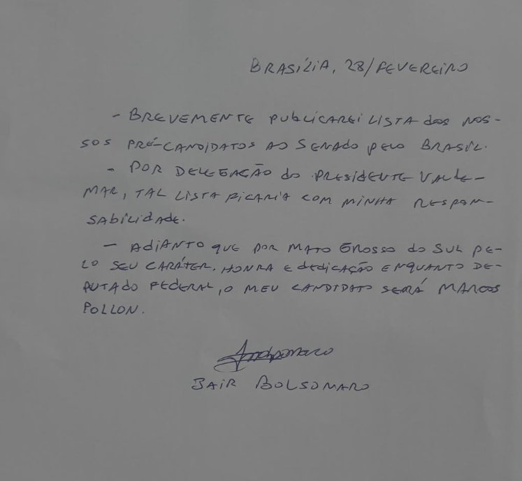 Michelle Bolsonaro compartilha carta com indicação de Jair Bolsonaro para o Senado