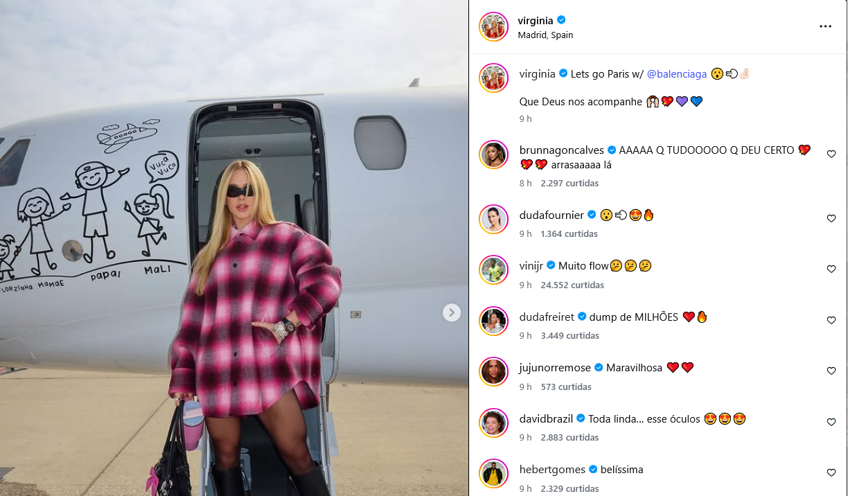 Virginia Fonseca desembarca em Paris para a semana de moda e recebe elogio de Vini Jr.