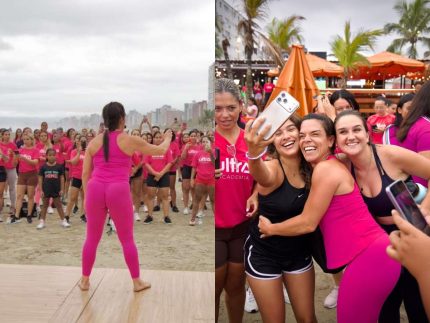 Personal Carol Vaz atrai centenas de mulheres para treino na Praia Grande, litoral de SP