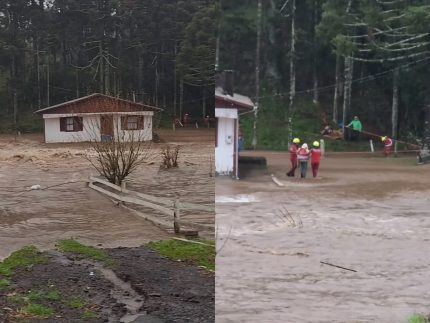 Família é resgatada após ficar ilhada durante temporal na Serra Catarinense; veja
