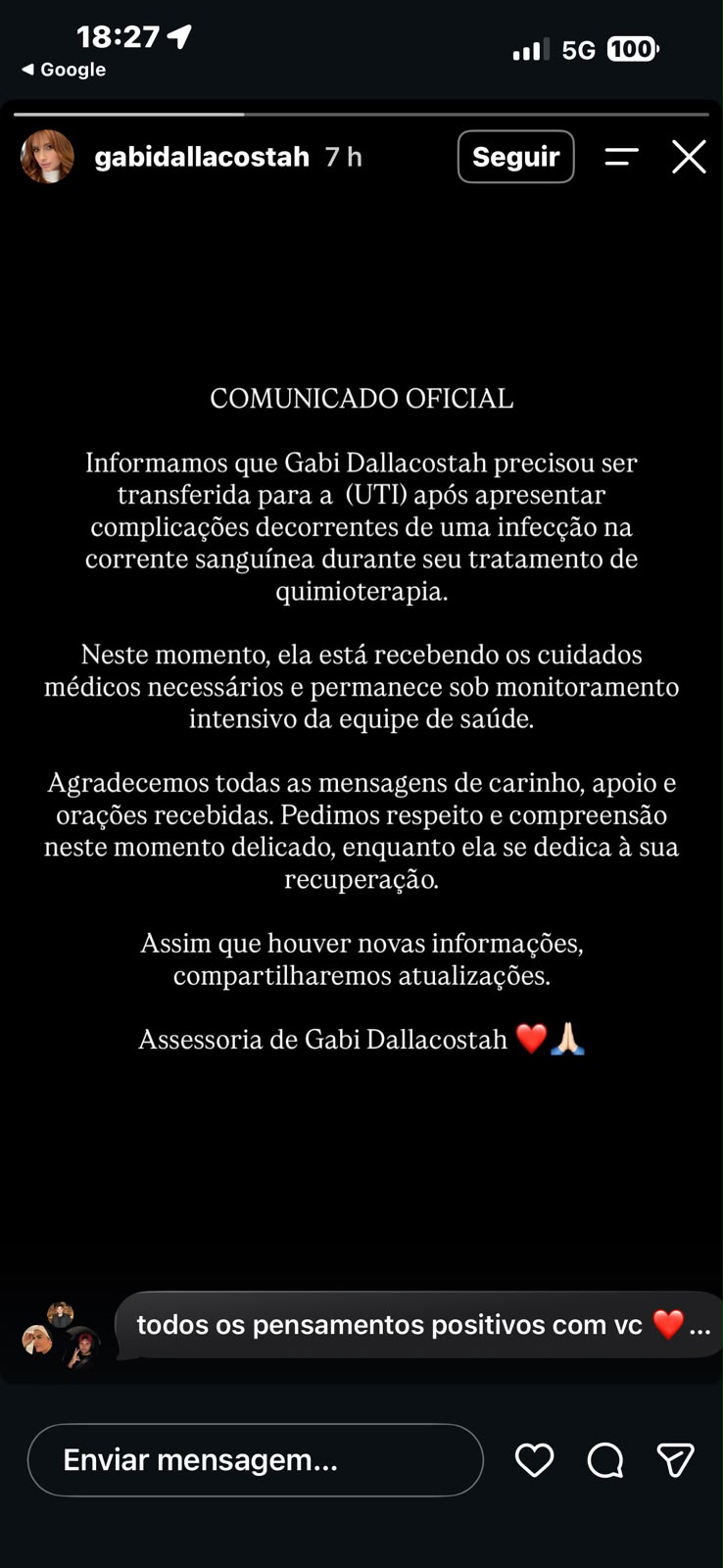 Atriz de “Fuzuê” é internada na UTI após complicações em tratamento contra câncer