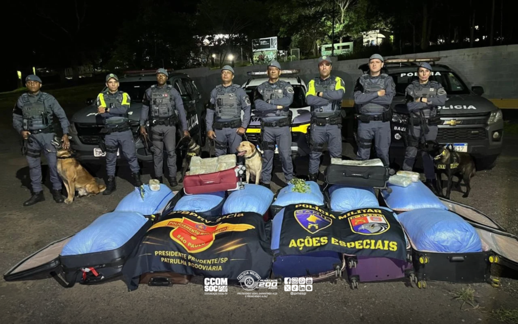 Com cães farejadores, PM apreende 323 kg de folhas de coca em ônibus em Presidente Prudente