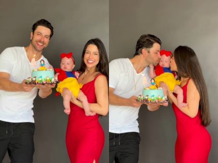 Ex-BBBs Laís Caldas e Gustavo celebram 4 meses da filha com tema de Branca de Neve