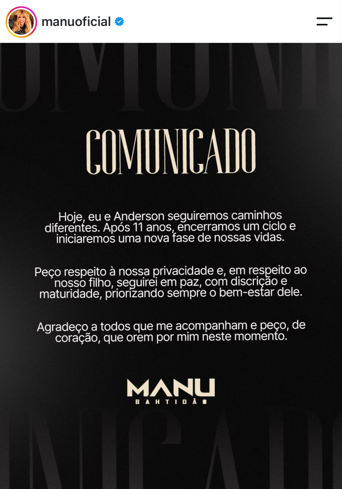 Manu Bahtidão anuncia fim do casamento de 11 anos com empresário: “seguirei em paz”