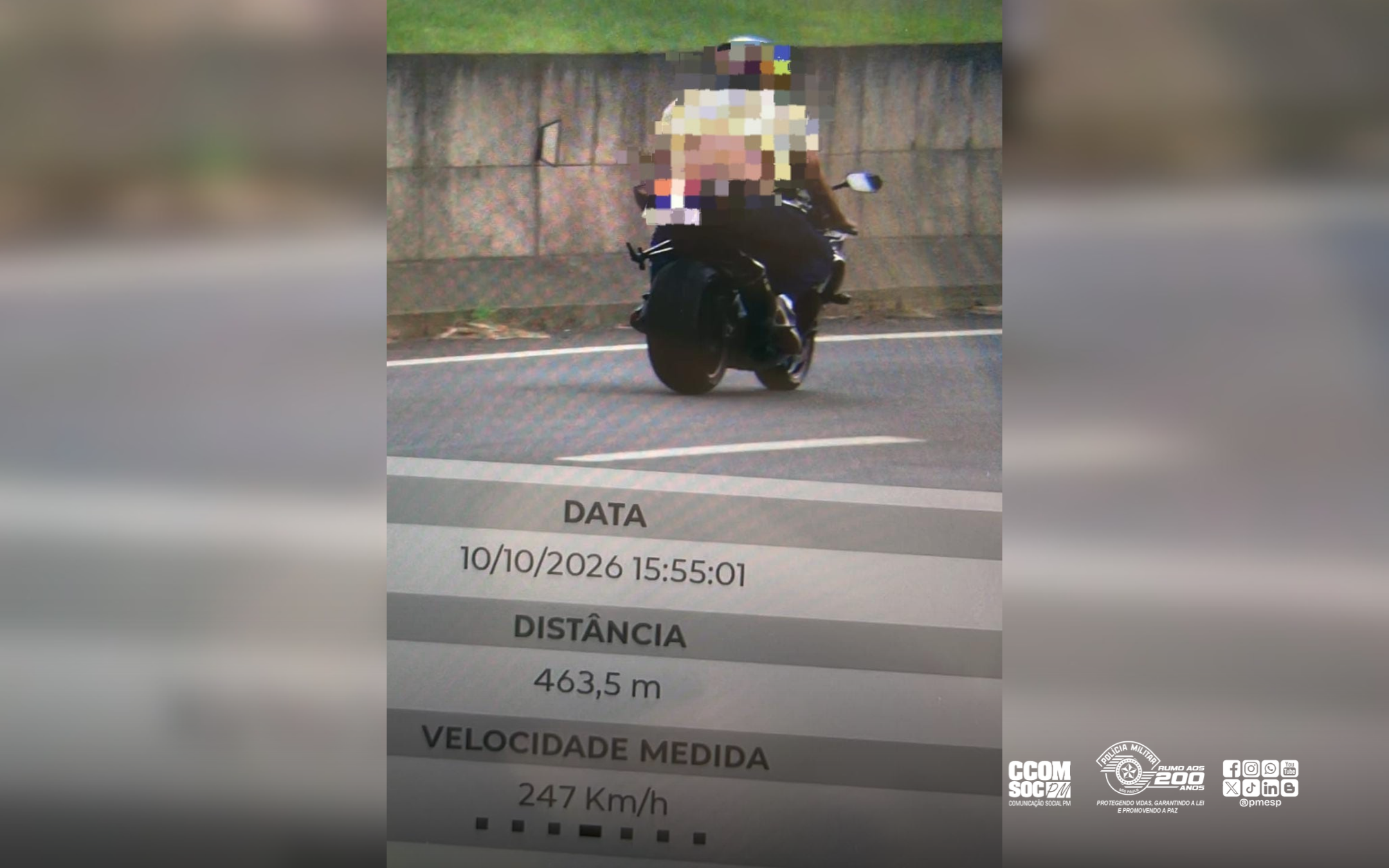 Moto a 247 km/h: radar da PM flagra excesso na SP-461 em Birigui