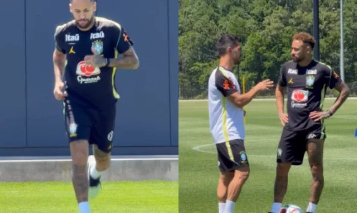 Ainda sem treinar com o grupo, Neymar vai a campo pela 1ª vez e corre de tênis