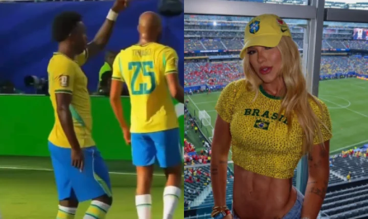 Após abrir o placar para o Brasil, Vini Jr. comemora e dedica gol a Virginia Fonseca