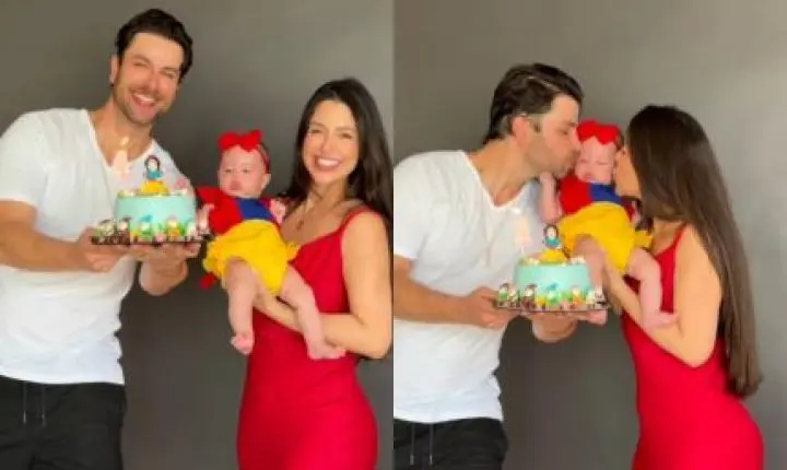 Ex-BBBs Laís Caldas e Gustavo celebram 4 meses da filha com tema de Branca de Neve