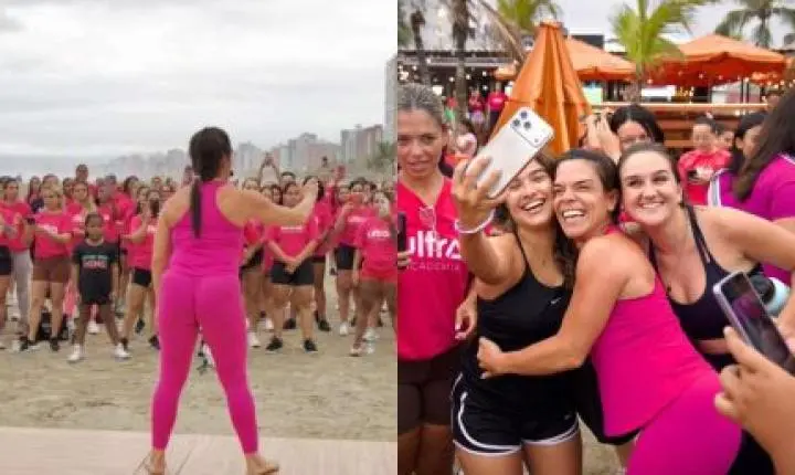 Personal Carol Vaz atrai centenas de mulheres para treino na Praia Grande, litoral de SP