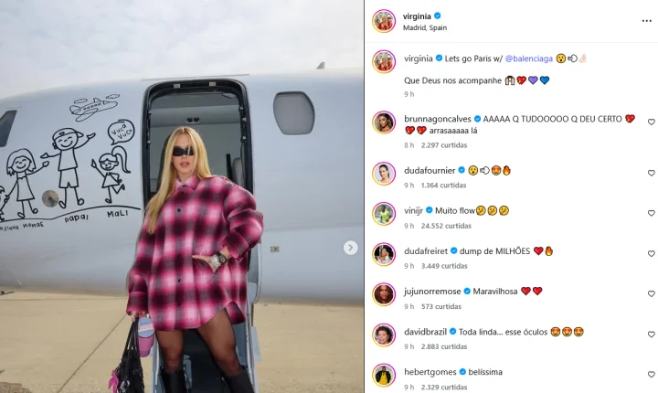 Virginia Fonseca desembarca em Paris para a semana de moda e recebe elogio de Vini Jr.